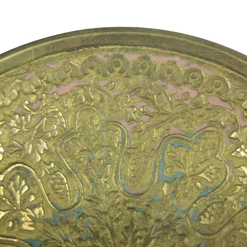 Etched Brass Bowl Chinoiserie Round Footed Decor Trinket 3 7/8 inches Enamel